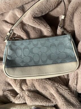 Coach Light Blue vintage Signature Jacquard Shoulder Bag with Cream Trim
